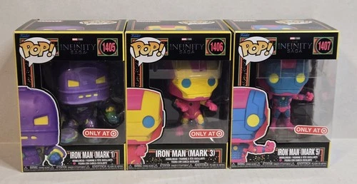 Funko Pop Marvel Iron Man (Mark 1, 3, 5) Complete Blacklight Set 1405 1406 1407