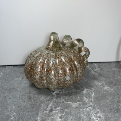 Glass Pumpkin Gourd  White w/Gold Speckle Swirl Coil Stem Halloween Fall