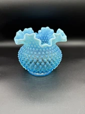 Vintage Fenton Aqua Blue Opalescent Hobnail Vase Bowl Ruffled Edge 5"