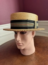 LARGE ~7.5 1920s Straw Boater Made In USA Striped Grosgrain Ribbon