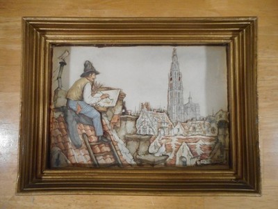 Vintage Anton Pieck Hand Cut Paper Framed 3D Shadow Box Art The Roof Painter