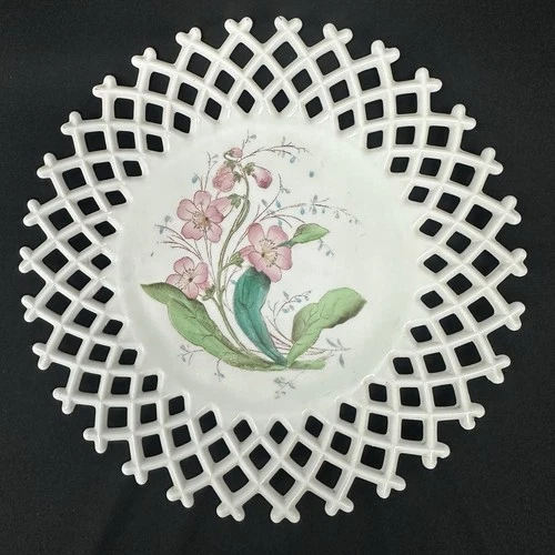 Challinor, Taylor & Company Hand-painted Milk Glass Lattice-edge Plate, Vintage