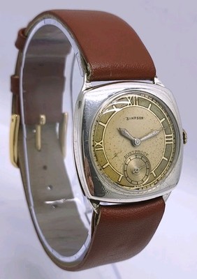 Vintage 1942 Simpson WW2 Ära Sterlingsilber Dennison Cushion Herrenuhr Kal. AS 984
