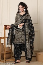 Aaradhya Fashion Beige  Black Cotton Blend Printed Ready to Wear Patiala Salwar