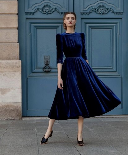 Mode Damen blau Samt Midikleid Jäten Abend Raffung Partykleidung Kleid