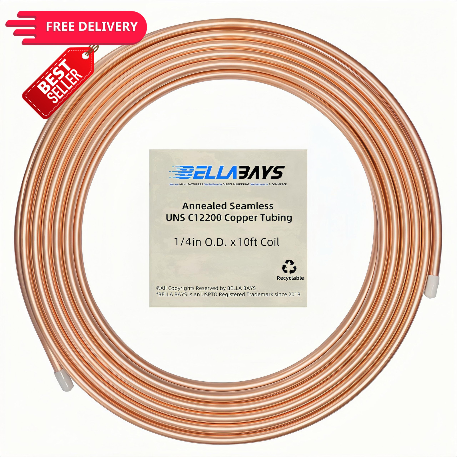 BELLA BAYS Copper Tubing 1/4" OD x 0.195" ID x 10 ft, 1/4in【O.D.】, 10ft【Coil】
