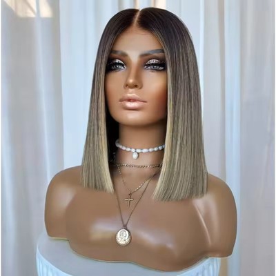 Short Ombre Ash Brown Blonde Bob Cut Wig 13x4 Lace Front 100% Human Hair Wigs