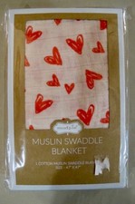 MUDPIE MUSLIN SWADDLE BLANKET- PINK W/ RED HEARTS-47" X 47"- NEW SEALED