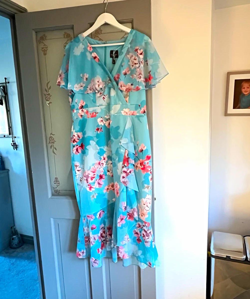 Vestido midi envolvente floral azul Adrianna Papell para mujer cuello en V mangas cortas