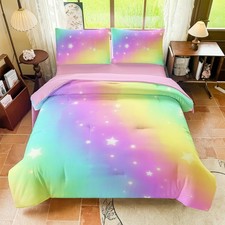 Rainbow Bedding Set Full Size   5 Piece Reversible Girls Comforter with Deep-...