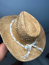 Doll Straw Cowboy Hat Beige/White with White Lace Tie Band, 1-Piece