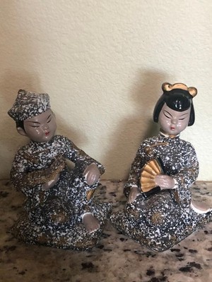 VINTAGE ASIAN BOY AND GIRL HAND PAINTED FIGURINES.5'' TALL. VERY NICE!