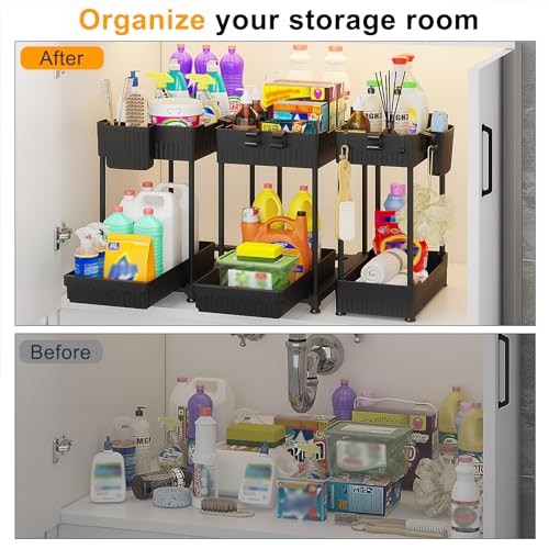 3 Pack Under Sink Organizer, 2-Tier Multi-Use Kitchen Bathroom Organizers and 