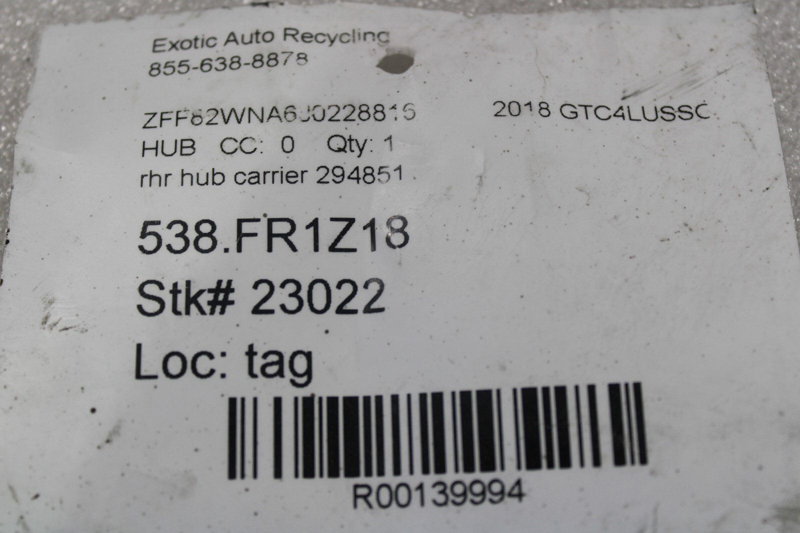 Ferrari GTC4 Lusso, California T, RH, Rear Knuckle, w/ Hub, Used, P/N 294851