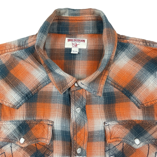 Tru Religion Mens Shirt XXL Blue Gray Orange Plaid Western Cowboy Pearl Snap - Picture 2 of 24