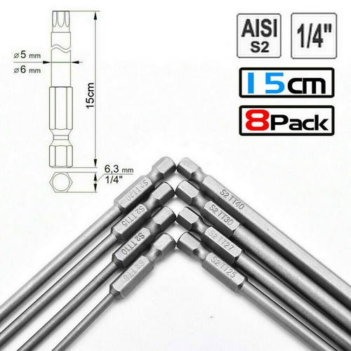 8x Torx Schraubendreher Bit Satz Hex Sicherheit Magnetkopf Sehr Lang 150MM BE UK - Picture 3 of 12