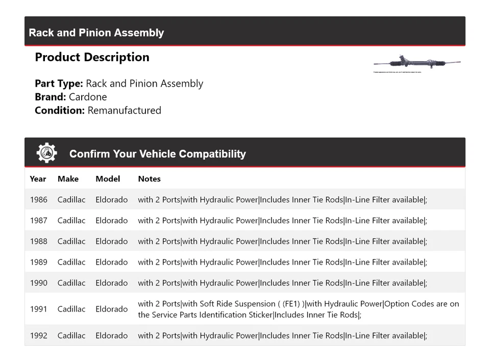 For 1986-1992 Cadillac Eldorado Rack and Pinion Assembly Cardone 1987 1988 1989 - Image 2 of 4