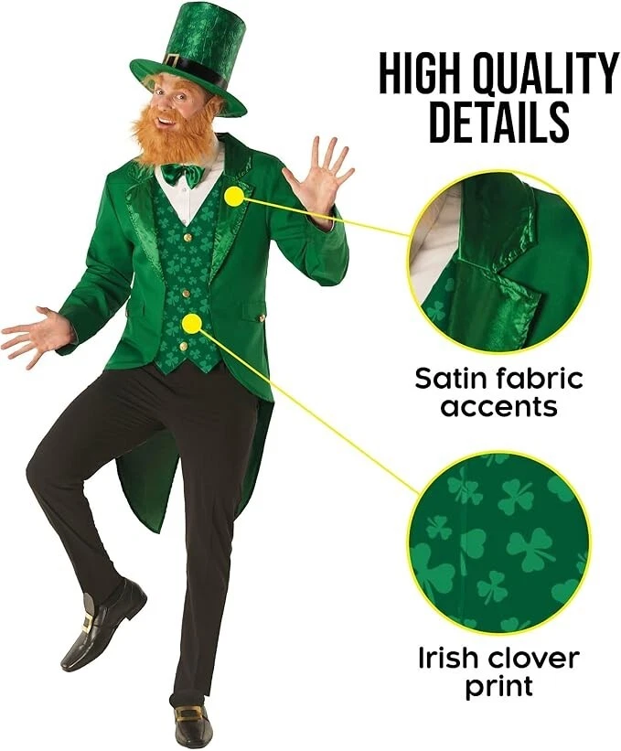 男式 Leprechaun 服装 + 帽子成人圣帕特里克节爱尔兰服装套装 M - 2XL — 第 3/4 张图片