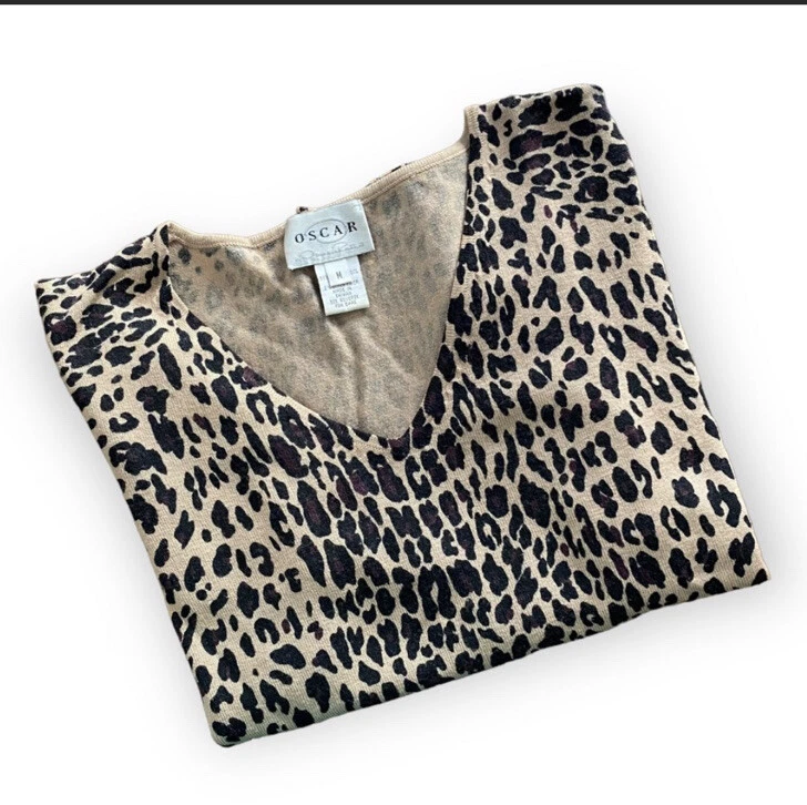 Suéter leopardo vintage gola V OSCAR Oscar de la Renta Rockabilly pin up médio