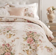 ROSE GRACE ROMANCE 3pc Queen QUILT SET : COZY COTTAGE CHIC PINK SHABBY FLOWERS