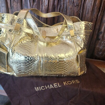 Michael Kors Collection Beverly Lg Gold Metallic Snake Skin Python Women's  Bag