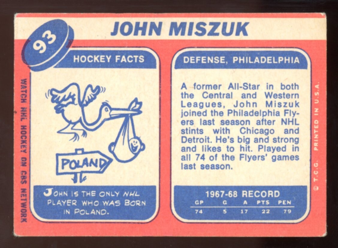 1968-69 TOPPS NHL HOCKEY #93 John Miszuk Rookie EX