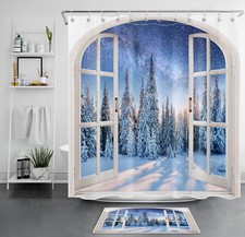 Window Starry Sky Forest Snow Scene Winter Shower Curtain Set for Bathroom Decor