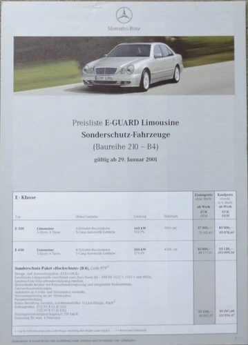 Mercedes E-Klasse Guard Limousine W210 Preisliste price list von 29.01.2001