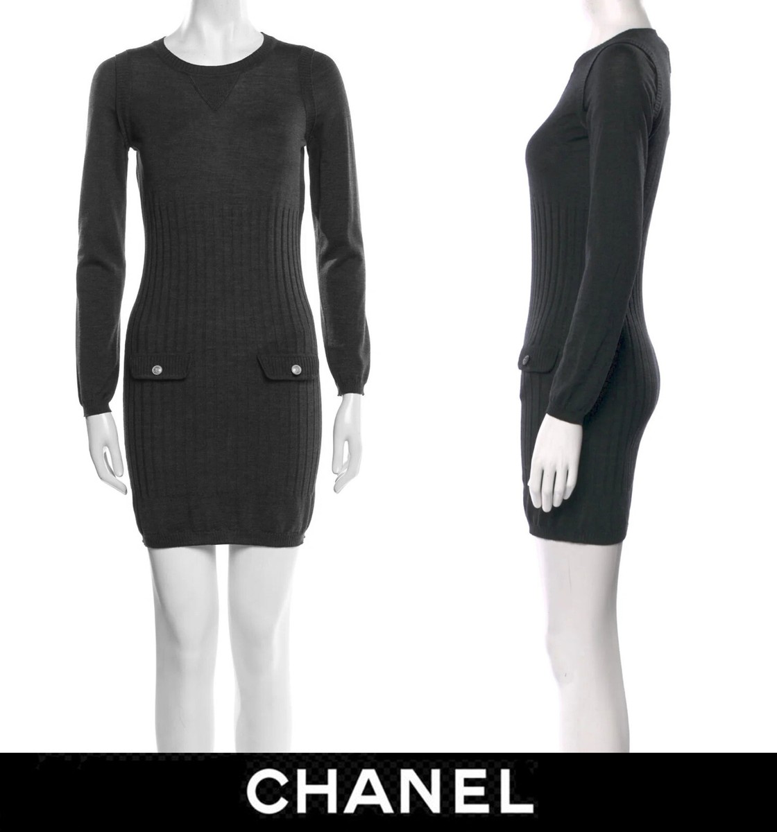 CHANEL★素敵!21B Ecru/Silver Knit V-Neck Sweater Dress CHANEL 10P Charcoal Gray Ribbed Knit Mini DRESS * FR 38 / 4