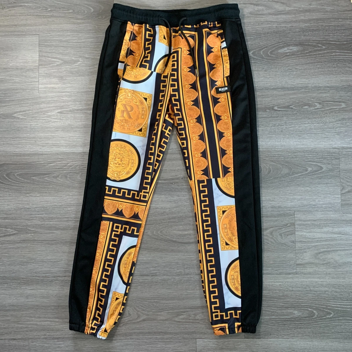 Reason Brand Joggers Casual Pants Mens Medium Gold Black Polyester Drawstring