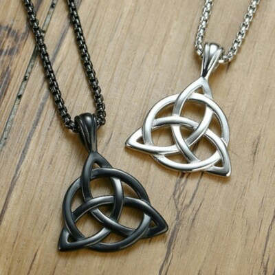 Mens Irish Celtic Triquetra Triangle Trinity Knot Pendant Necklace Box Chain 24''