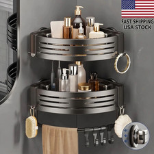 2 Pack Corner Shower Caddy Suction Cup Aluminum Shelf Bathroom Organizer Hooks