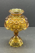 Vintage L.E. Smith Moon & Stars 3 Piece Fairy Lamp Amber Glass Candle Holder LE
