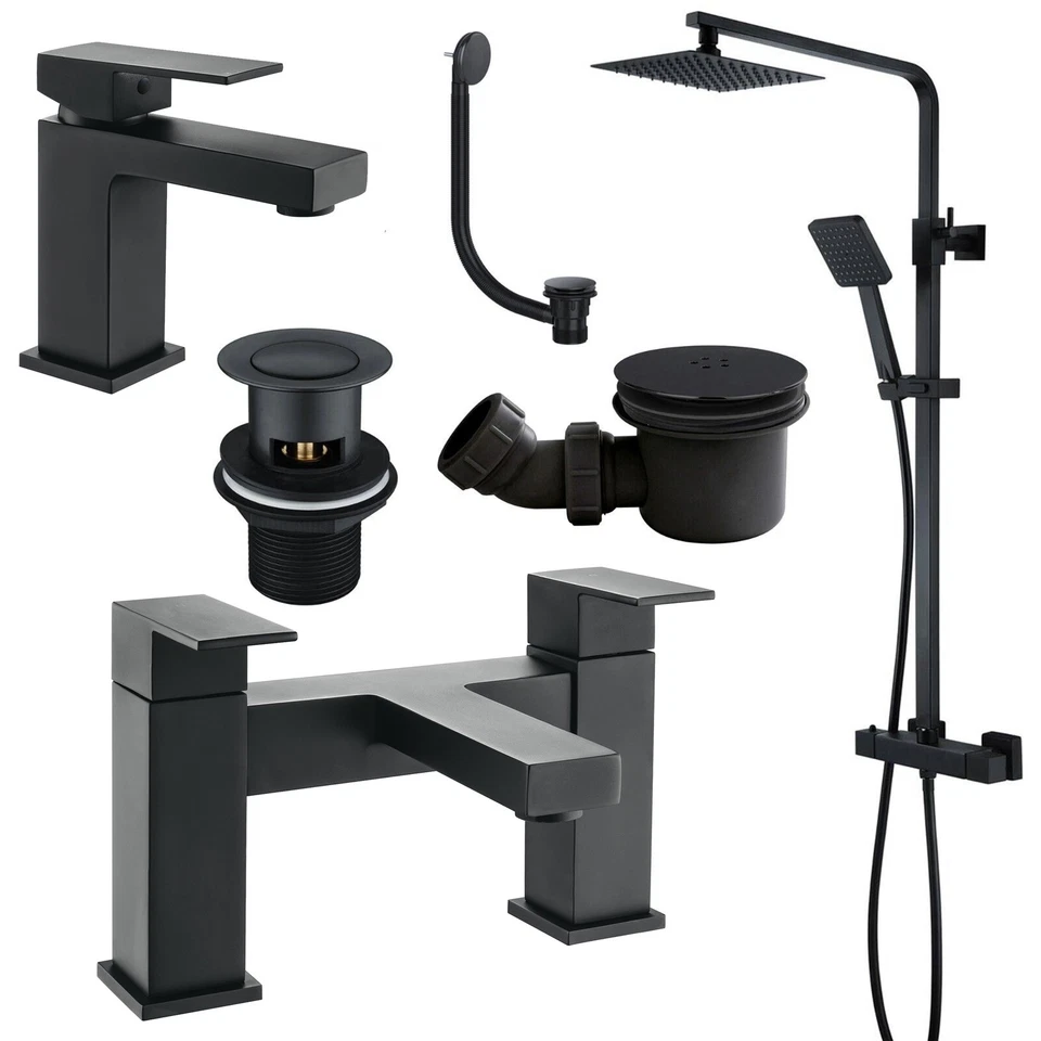 VINCIA Matt Black Basin Bath Filler Tap Waste Clicker Plug Solid Brass Shower Premium