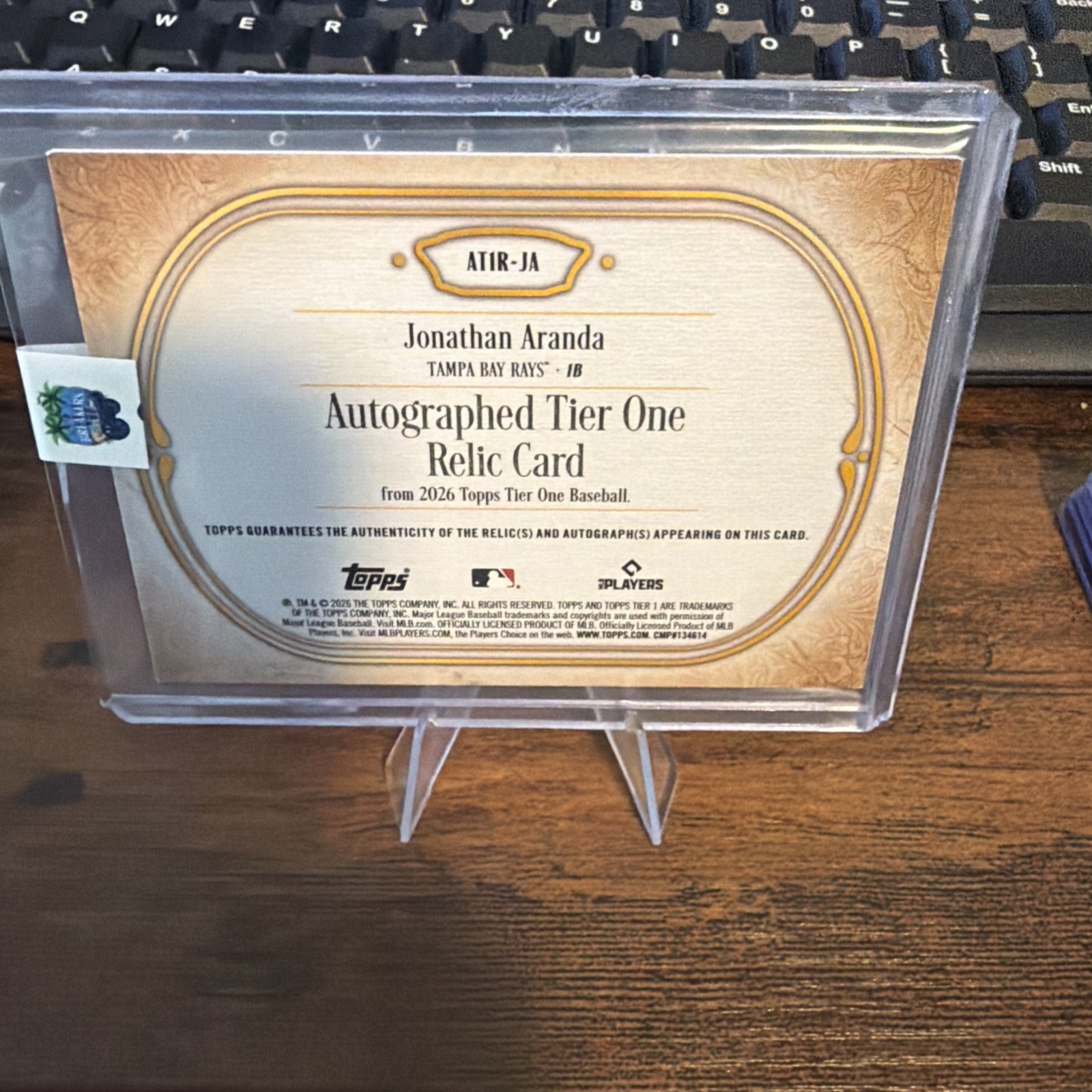 2026 Topps Tier One Jonathan Aranda Auto Relic AT1R-JA /199 Rays Dirty Patch view 3