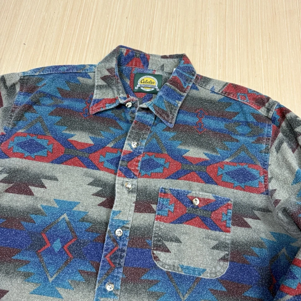 Vintage 90s Cabelas Aztec Flannel Shirt XL Made USA aop Southwest All Over Print - Image 2 of 4