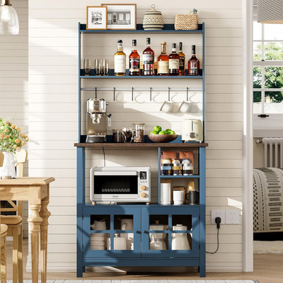 Farmhouse Coffee Bar Cabinet with Storage, Bakers Rack with Power Outlets, Micro