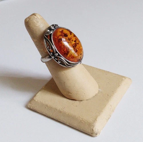 Vintage Silver Womens Ring w Large AMBER Antique Art Nouveau Size 8