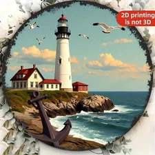 Vintage Lighthouse & Seagull Round Aluminum Wall Art - Coastal Nautical Metal Si