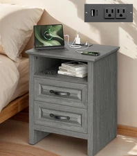 Farmhouse Nightstand with Charging Station, Bedside Table with 2 Drawers Storage