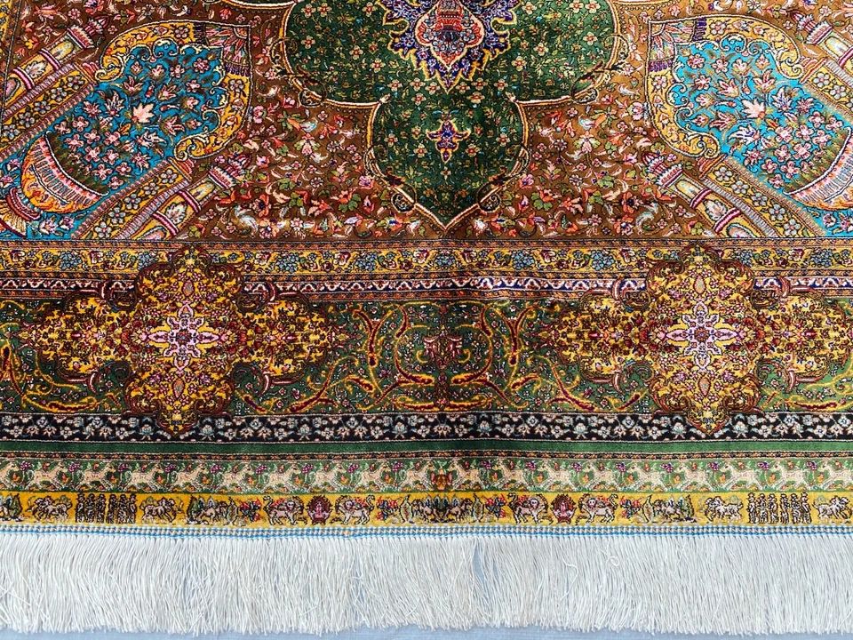 Alfombra medallón antigua de seda pura turca oriental de 4x6 pies de calidad súper fina Foto 3 de 4