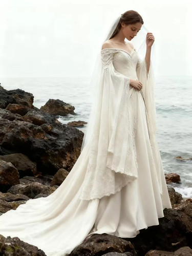 Medieval Wedding Dress Off Shoulder Cape Sleeves Lace A-Line Vintage ...