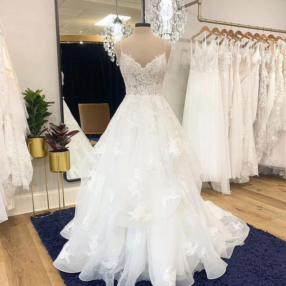 Elegante Vestidos de Novia Correas de Espagueti Apliques de Encaje Volantes Vestido de Novia Foto 2 de 4