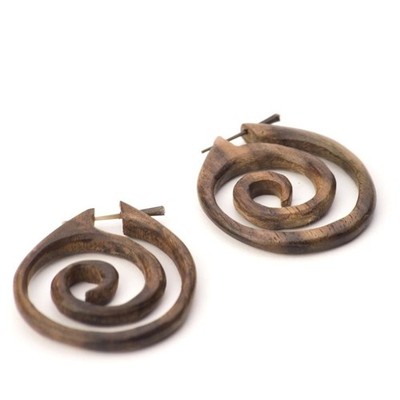 81stgeneration Wood Earrings With Stick Posts Round Disc Spiral Wooden Hoops
