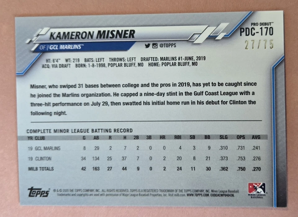 Kameron Misner 2020 Topps Chrome Gold Refractor 27/75 Pro Debut Prospect - Image 2 of 2