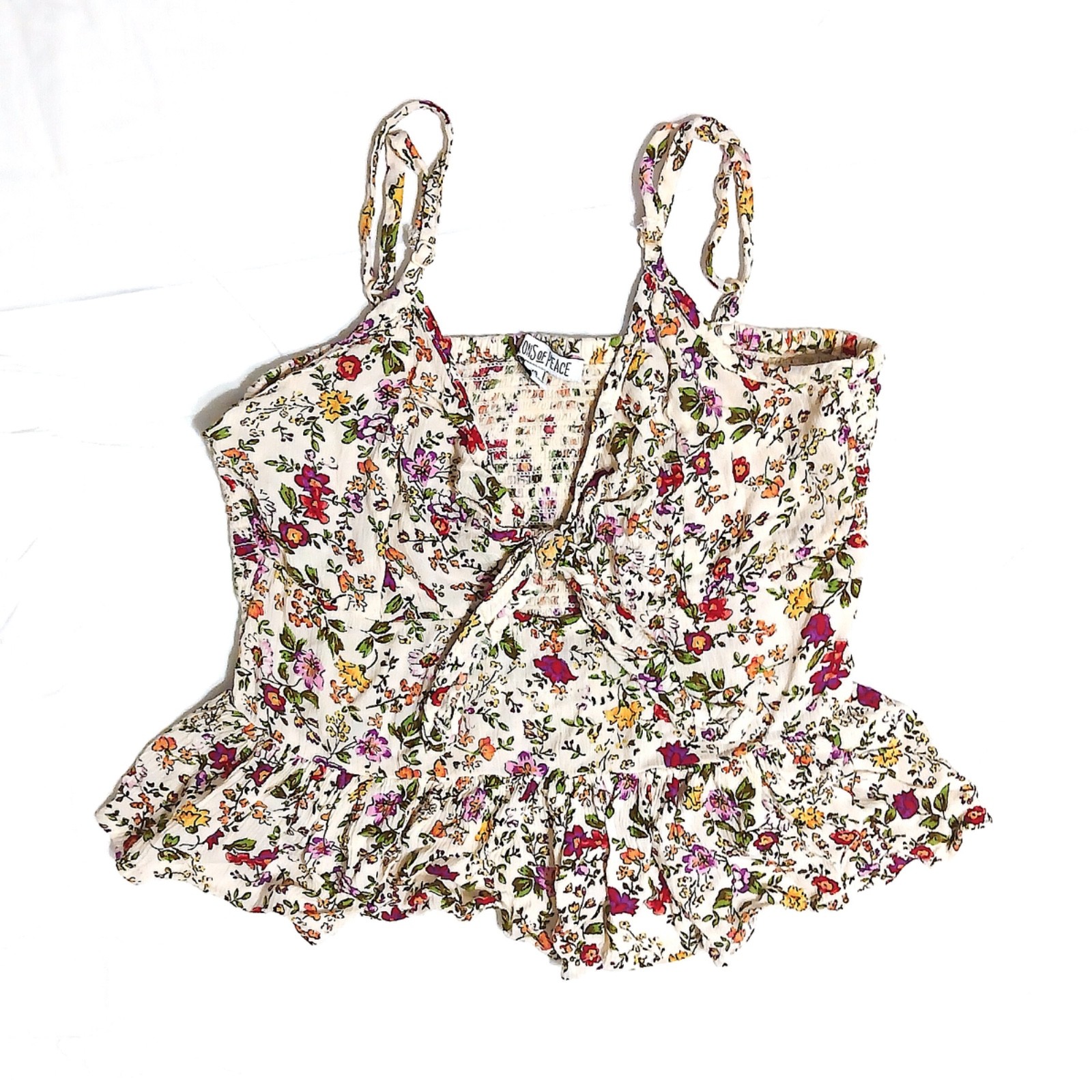 Patrons of Peace Cream Floral Tie Front Smocked Crop Tank XS Boho Ruffle Cami