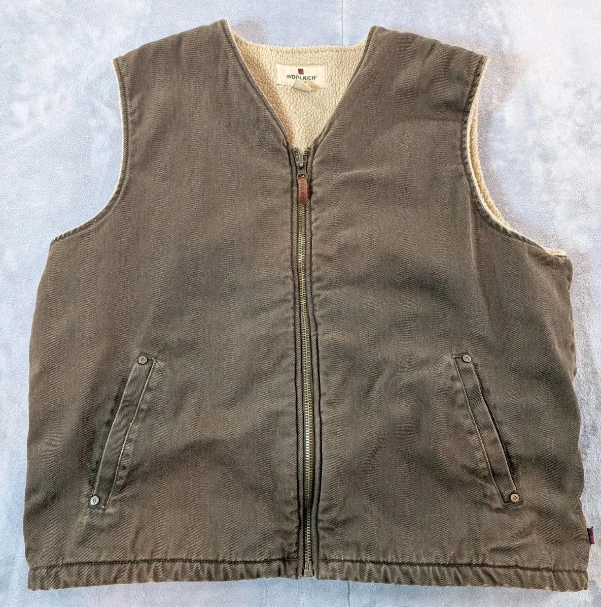Woolrich Canvas Vest Sherpa Lined Saddle Full Zip Outdoor Comfort Brown Men's XL