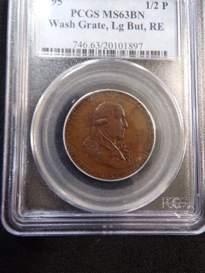 1795 HALF-PENNY WASHINGTON GRATE LARGE BUTTON REEDED EDGE PCGS GRADED MS63 BN - Image 2 of 4