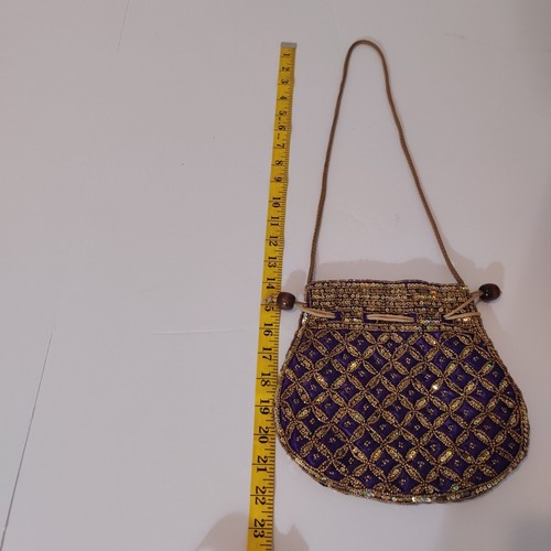 Vintage Style Beaded Sequin Purple Silk Drawstring Bucket Pouch Bag Handmade - Picture 7 of 9
