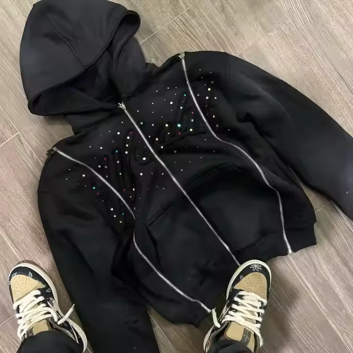 Mens Hoodie Rhinestone Sweatshirt Long Sleeve Jacket Casual Streetwear unisex